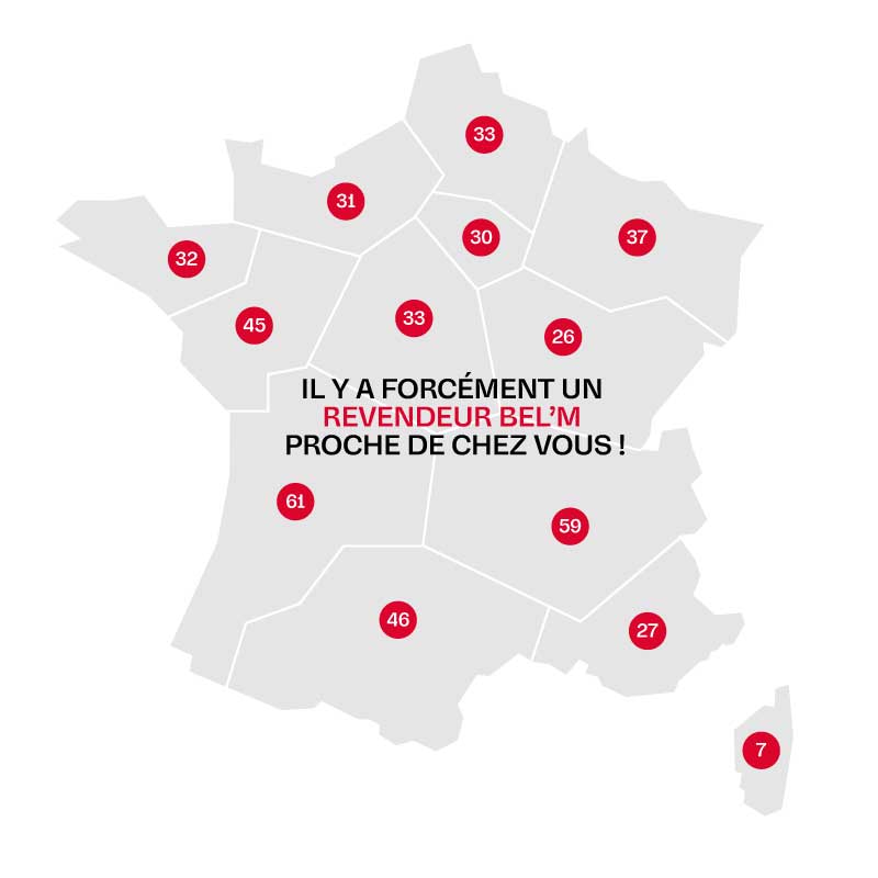 carte de France qui présente le réseau de revendeurs bel'm, fabricant français de portes d'entrée