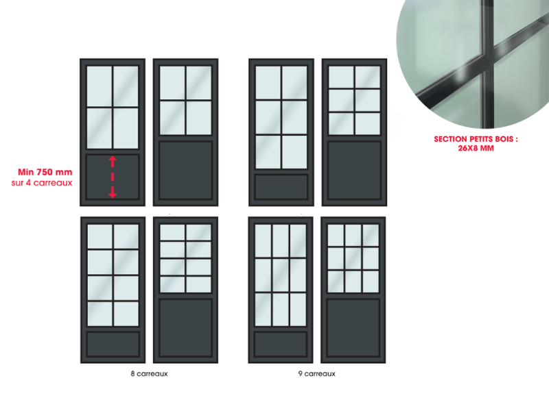 exemples de composition de portes d'entrée vitrées avec des petits bois intégrés au vitrage